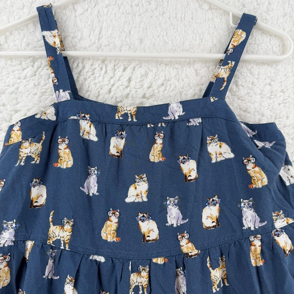 Uniqlo Dress Girls 11-12 Blue Cat Print Paul & Joe Sundress‎ Tiered Ruffle